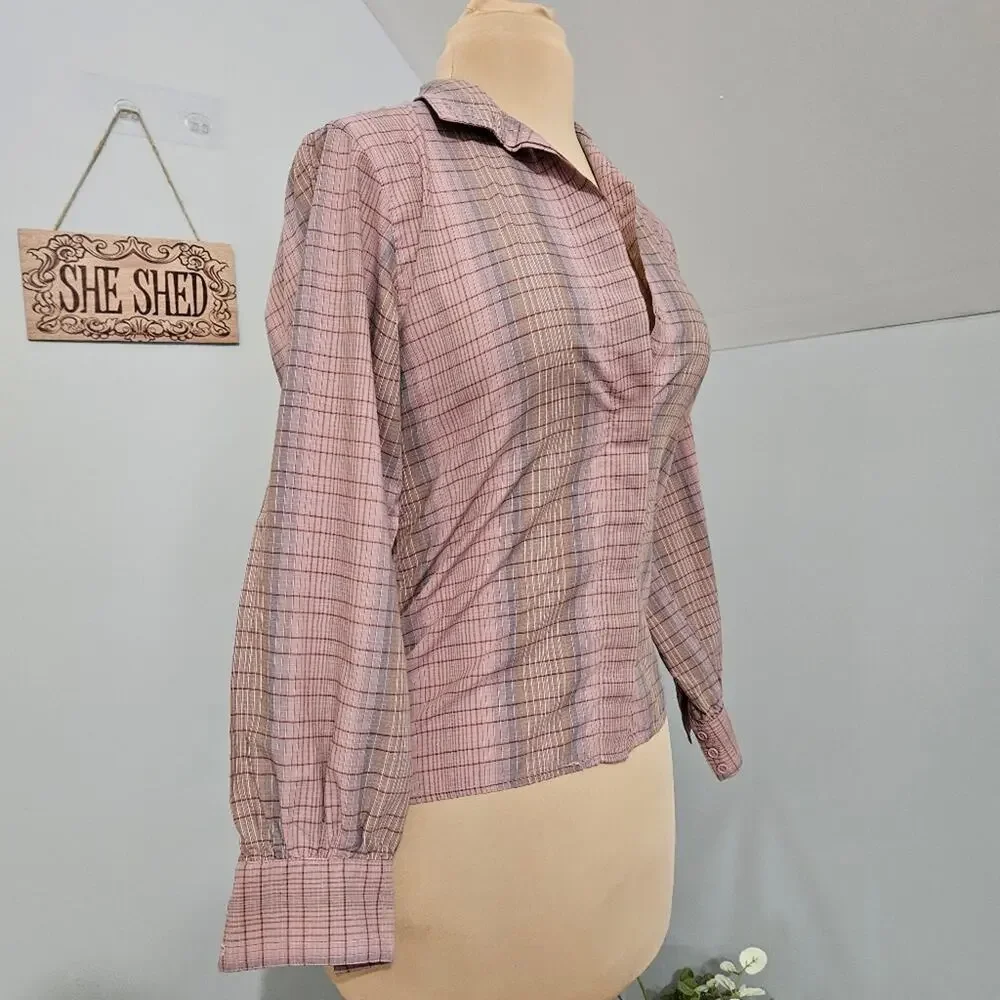 John Meyer Button Front Long Sleeve Pink Plaid Top Size 8‎ Career Country